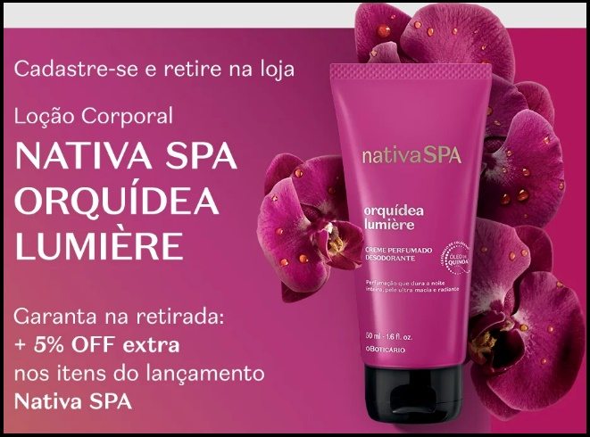A imagem mostra uma mulher sorrindo em um ambiente iluminado, segurando o frasco do creme corporal Nativa SPA Orquídea Lumière (50ml), lançamento do Boticário. O produto, de embalagem elegante com tons dourados e lilás, simboliza a sofisticação da nova linha da marca. A cena transmite sensação de bem-estar, cuidado e luxo, destacando o brinde gratuito oferecido na promoção Ação de Fluxo Nativa SPA Orquídea Lumière, válida em todo o Brasil até 31 de outubro de 2025.