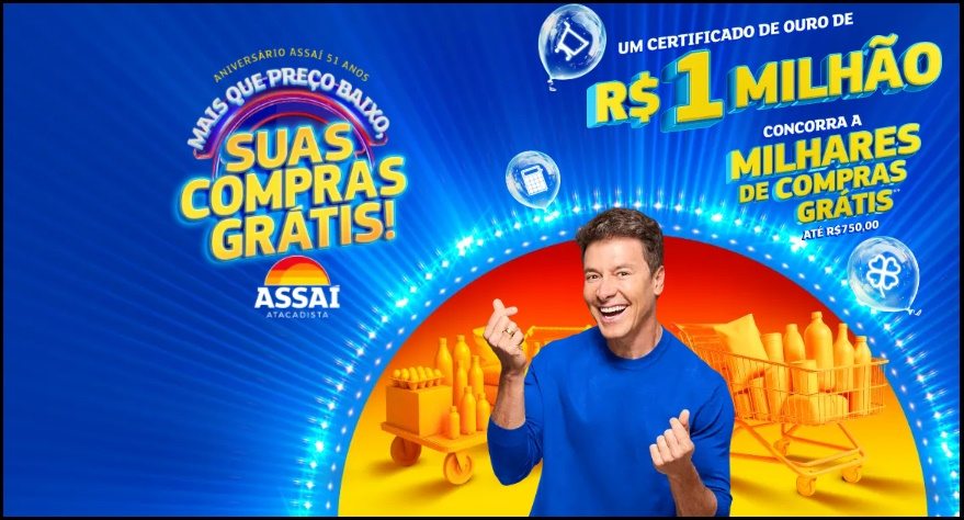 Imagem promocional da campanha Assaí 51 Anos 2025, destacando os principais benefícios da promoção: compras grátis na hora ao informar CPF no caixa e participação no grande sorteio final de R$1 milhão. O visual transmite clima de celebração com balões, faixas festivas e carrinho de supermercado cheio, reforçando a mensagem de que o cliente pode fazer suas compras normalmente e sair premiado.