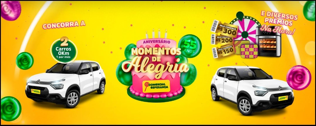 Imagem da promoção Momentos de Alegria do Comercial Esperança, destacando a comemoração dos 55 anos da rede. A peça publicitária mostra os prêmios principais, incluindo carros 0km, vales-compras, eletroportáteis e produtos de tecnologia. A promoção é válida para clientes de São Paulo e Minas Gerais, com participação mediante cadastro de compras no site oficial.
