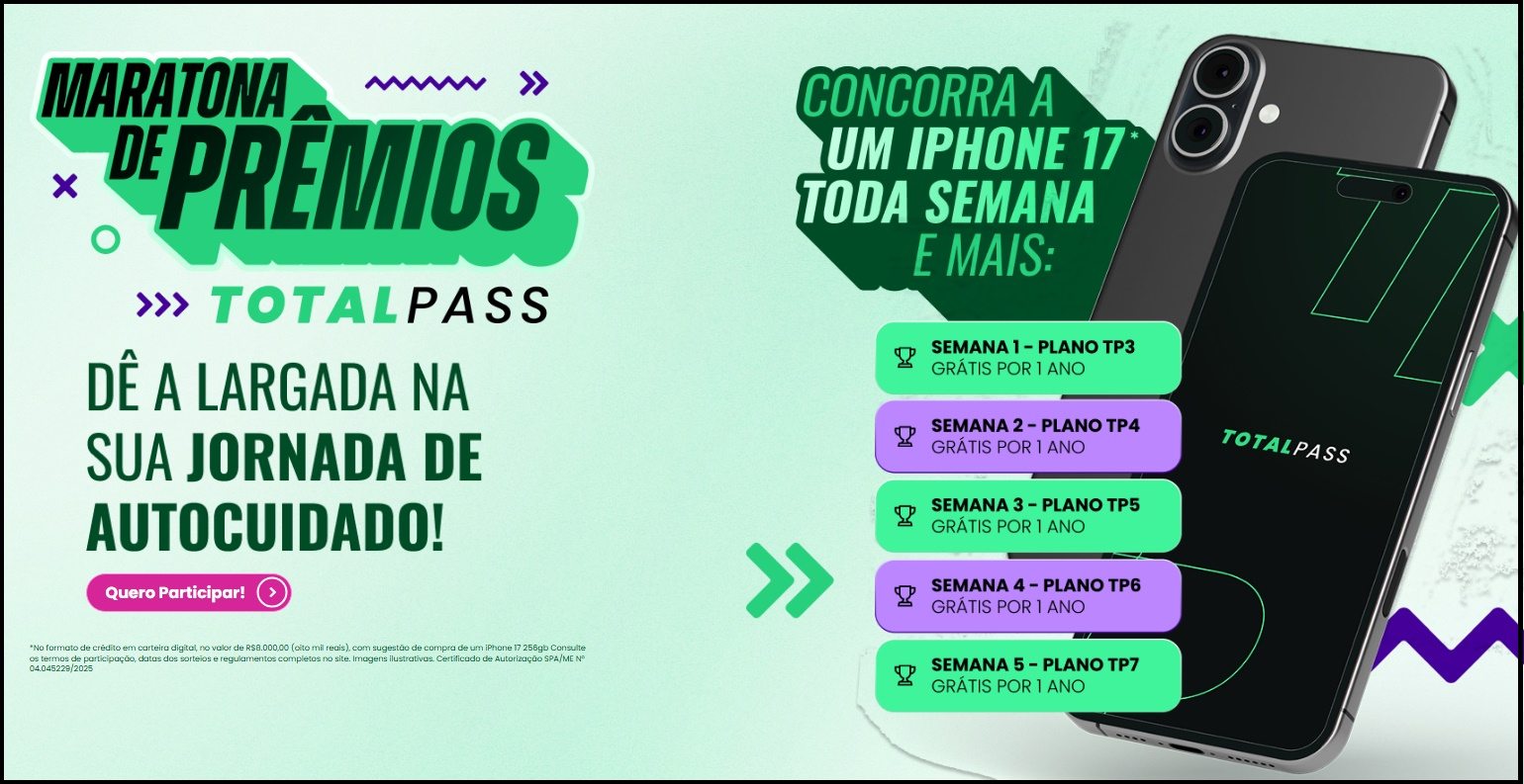 Arte promocional da campanha Maratona de Prêmios TotalPass 2025, destacando os prêmios oferecidos: créditos de R$8.000,00 para a compra de iPhone 17 e planos anuais gratuitos de academia. A imagem traz cores vibrantes, reforçando a ideia de bem-estar, saúde e tecnologia, além de indicar o período de participação que vai de 20/10/2025 a 21/11/2025.