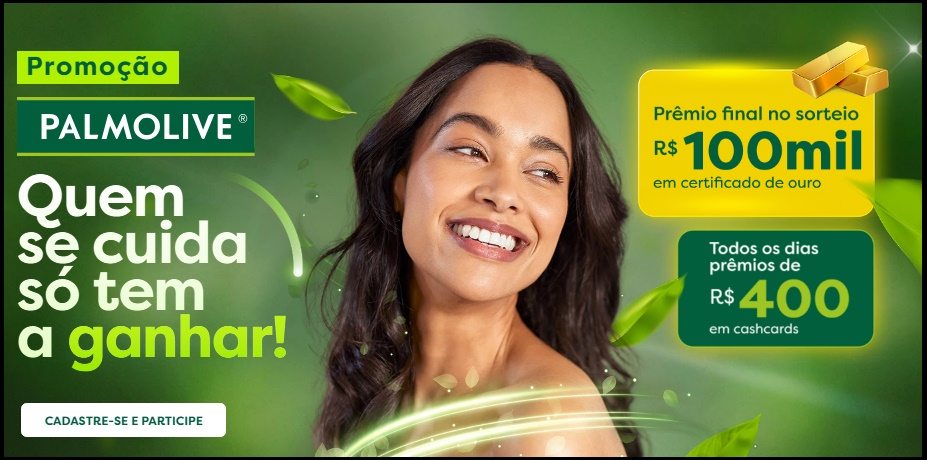 A Palmolive apresenta a promoção “Quem se cuida só tem a ganhar”, válida em todo o Brasil. Compre 2 produtos Palmolive, cadastre seu cupom fiscal no site promosecuida.com.br e concorra a prêmios incríveis. Participe da Roleta Premiada para ganhar na hora ou concorra ao grande sorteio de R$100.000. Não perca essa oportunidade de unir bem-estar e recompensas!
