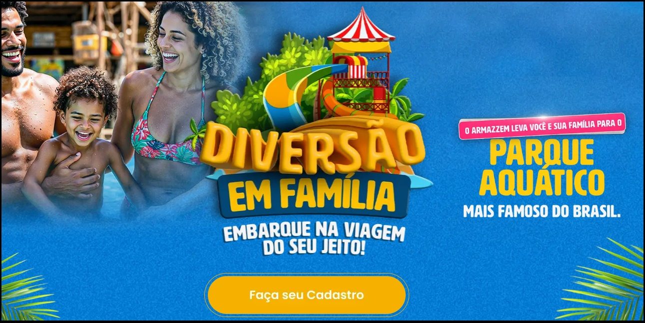 A imagem mostra uma família sorridente brincando nas piscinas e escorregadores do Beach Park, simbolizando os momentos de alegria que os participantes da promoção Armazém Mateus podem viver ao ganhar um dos pacotes de viagem oferecidos. A cena transmite diversão, união familiar e o clima ensolarado típico das férias perfeitas no Nordeste brasileiro.