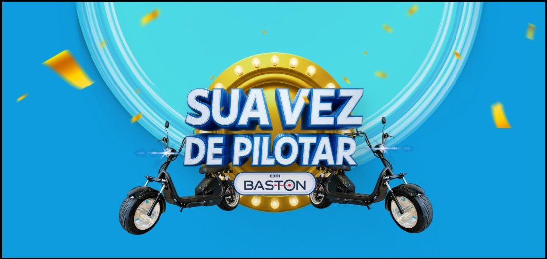 A promoção Sua Vez de Pilotar Baston 2025 oferece aos consumidores do Rio Grande do Sul a chance de ganhar scooters elétricas modelo WX-11 ou similares. Basta comprar R$15,00 em produtos participantes das marcas ABOVE®, PRO INSET®, SUPER DOM, PURO AR®, TECBRIL®, GT PREMIUM e CHEMICOLOR em lojas selecionadas da rede Supermercados Baklizi entre 03/11/2025 e 20/03/2026 e cadastrar o cupom no site oficial da promoção.