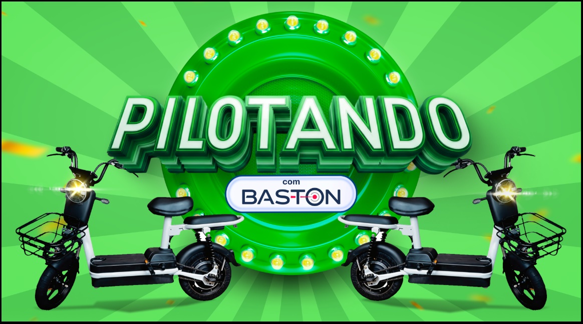 Imagem promocional da campanha “Pilotando com Baston”, destacando o benefício para os consumidores do Distrito Federal e Goiás. A arte mostra uma scooter elétrica como prêmio principal, acompanhada da informação de que é necessário comprar R$20 em produtos ABOVE® nas lojas Big Box e Ultrabox para participar. A imagem reforça o conceito de mobilidade sustentável, praticidade e oportunidade exclusiva disponível até 20 de janeiro de 2026.