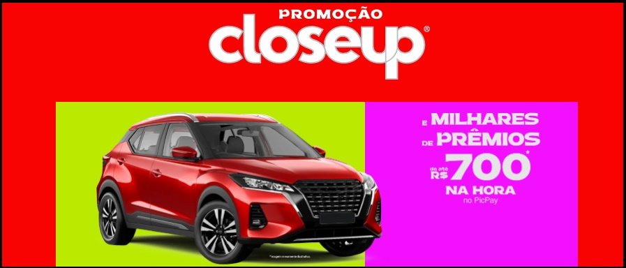 Participe da promoção Closeup Chama no Prêmio 2025 e transforme suas compras de produtos Closeup em prêmios incríveis. Moradores do Paraná, Rio Grande do Sul e Santa Catarina podem concorrer a R$160 mil para comprar um carro 0km e ainda ganhar prêmios instantâneos no PicPay. Cadastre seus cupons até 30/11/2025 e multiplique suas chances com produtos da linha Carvão Ativado.
