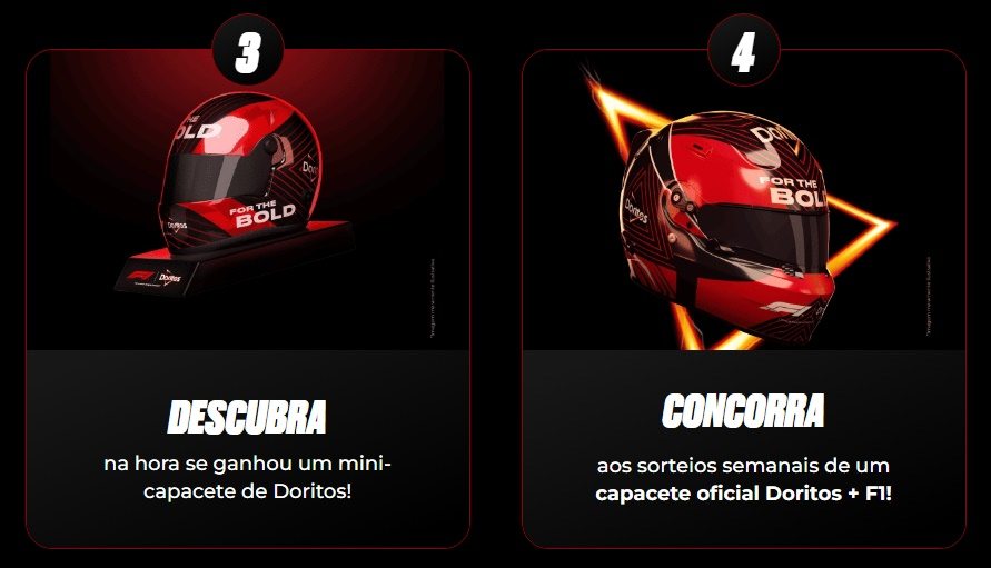Participe da Promoção Doritos F1 2025: compre, cadastre seu código e concorra a capacetes oficiais e mini-capacetes colecionáveis!"