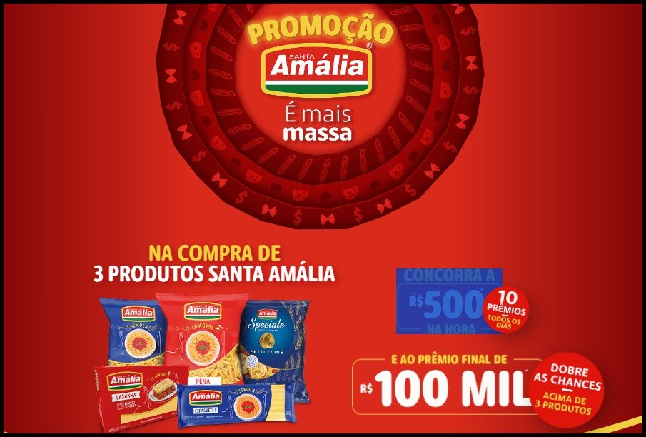 A imagem oficial da promoção Santa Amália É Mais Massa 2025 destaca a oportunidade exclusiva para consumidores de Minas Gerais. A campanha oferece prêmios instantâneos de R$500 distribuídos diariamente e um prêmio final de R$100 mil em carteira digital PicPay. Para participar, basta comprar 3 produtos das linhas Ovos, Sêmola ou Speciale, cadastrar a nota fiscal no site oficial ou via WhatsApp e guardar os cupons fiscais. Promoção válida de 15/10/2025 a 13/12/2025.