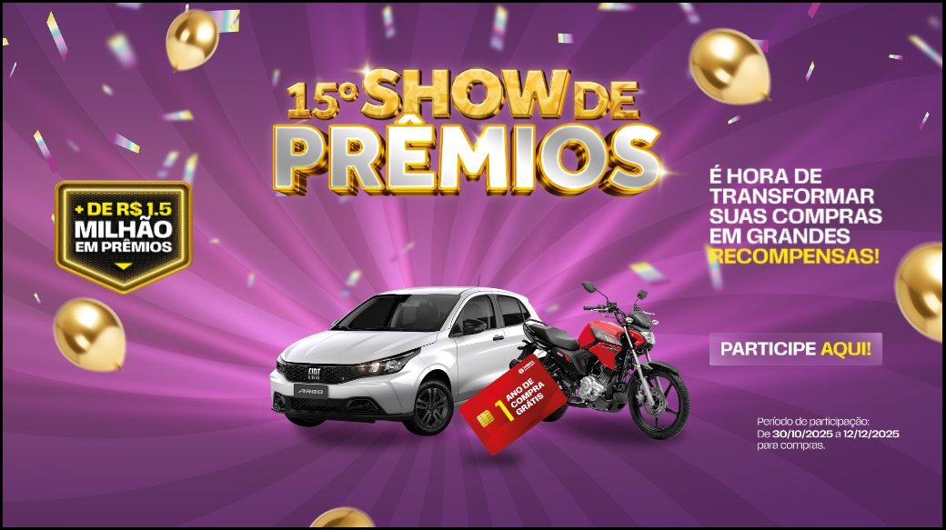 Imagem promocional oficial da Promoção Shibata Show de Prêmios 2025, destacando os principais prêmios oferecidos pela Rede Shibata Supermercados em comemoração aos seus 49 anos, incluindo automóveis Fiat Argo 0km, motos Yamaha Factor, iPhones e vales-compras, com participação válida até 07 de dezembro de 2025 nas lojas físicas e online no estado de São Paulo.