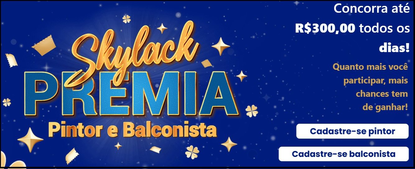 A imagem promocional da Skylack Premia 2025 destaca a campanha voltada para balconistas e pintores de todo o Brasil, com cores chamativas, logotipo da marca e o destaque dos prêmios oferecidos. O layout apresenta informações sobre a mecânica da promoção, que distribui raspadinhas digitais a cada R$200 em produtos Skylack, dando a chance de concorrer a cartões digitais pré-pagos PolgoPay no valor de R$150, R$200 e R$300, somando mais de R$60 mil em recompensas.