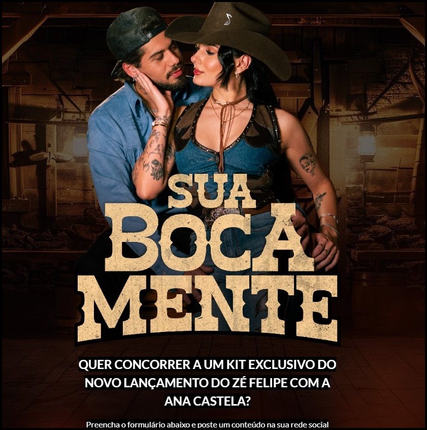 Participe da promoção Sua Boca Mente 2025 e concorra a kits incríveis autografados por Ana Castela e Zé Felipe!