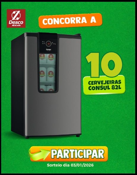Participe da promoção “Brinde o Sabor com Trink” até 31 de dezembro de 2025. Compre 8 produtos Trink no Desco Atacado, cadastre seu cupom no site oficial e concorra a 10 cervejeiras Consul 82L.