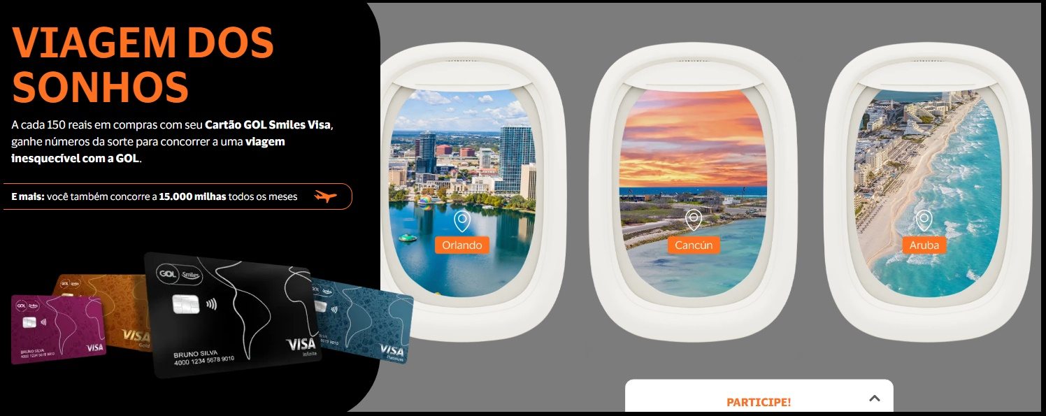 A imagem promocional da Visa Viagem dos Sonhos 2025 apresenta um visual vibrante, com paisagens de viagem ao fundo, como praias, montanhas e pontos turísticos internacionais. O destaque central mostra o prêmio principal de R$125 mil em vouchers de viagem, acompanhado do logotipo da Visa e da marca GOL Smiles. O banner reforça o período de participação — de 23/10/2025 a 23/01/2026 — e incentiva o público a cadastrar o cartão Visa no site oficial para concorrer aos sorteios de vouchers de viagem e milhas aéreas.