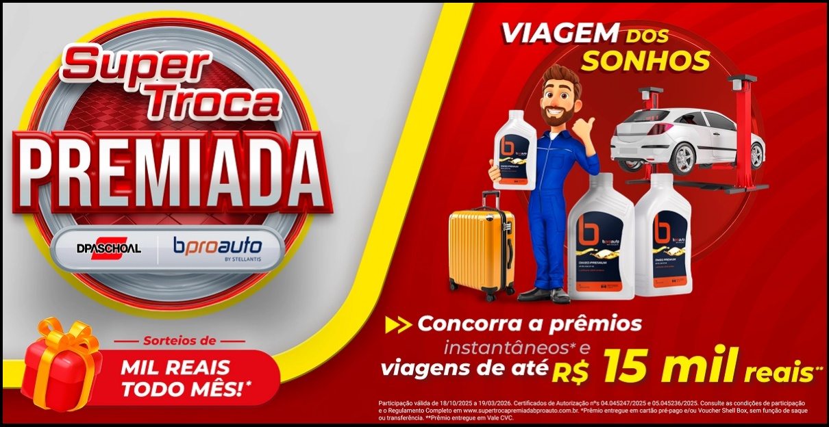 A imagem promocional da Super Troca Premiada Bproauto apresenta um carro reluzente em um fundo vibrante, acompanhado dos produtos bproauto e do logotipo da DPaschoal. Em destaque, aparecem os principais prêmios da campanha: vouchers Shell Box de R$150, vales de check-up automotivo e uma viagem de até R$15.000,00. O banner convida o público a participar realizando a troca de óleo completa com produtos bproauto e cadastrando a nota fiscal no site oficial da promoção