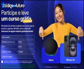 Imagem ilustrativa da promoção "Código para o Seu Futuro" da Cebrac Pro mostrando iPhone 16, Echo Dot e materiais de curso online.