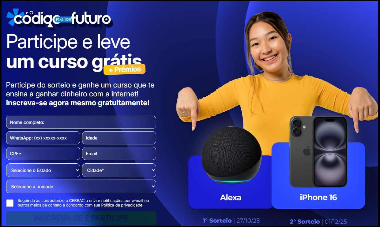 A Cebrac Pro apresenta a promoção "Código para o Seu Futuro": inscrições gratuitas para cursos online e sorteio de prêmios tecnológicos como iPhone 16 e Echo Dot.