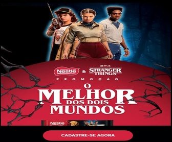 Imagem da Promoção Nestlé Stranger Things 2025 com produtos Nestlé Choco, prêmios instantâneos e chance de ganhar R$ 100 mil para viagem aos Estados Unidos.