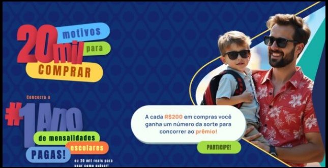 A imagem apresenta pais e filhos com materiais escolares ao lado de um banner da promoção “20 Mil Motivos para Comprar”, da Editora do Brasil. O destaque visual mostra o prêmio de R$20.000,00 em cartão digital pré-pago e a mensagem sobre a chance de ganhar pagando apenas R$200 em compras com código promocional. O visual reforça a ideia de educação, oportunidade e segurança financeira, com elementos escolares e cores institucionais que remetem à confiança e ao aprendizado.