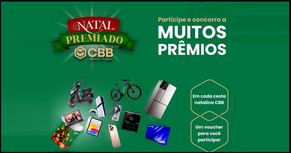 A imagem apresenta a campanha Natal Premiado CBB 2025, destacando o benefício para o consumidor ao adquirir uma cesta de Natal da Cesta Básica Brasil. O layout mostra elementos natalinos como laços, presentes e cores típicas de Natal, reforçando a temática festiva e a oportunidade de concorrer a diversos prêmios de alto valor, incluindo eletrônicos, eletrodomésticos e até uma bicicleta elétrica. O destaque visual fica para o texto que informa que a promoção oferece um total de R$59 mil em prêmios para quem cadastrar o voucher promocional até o dia 31 de dezembro de 2025 no site oficial.
