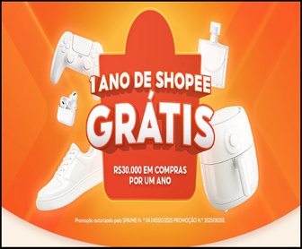 Imagem promocional da Shopee Black Friday 2025 destacando o sorteio de 1 ano de compras grátis com prêmio de R$30.000 em créditos ShopeePay e participação gratuita com Moedas Shopee até 30/11/2025.