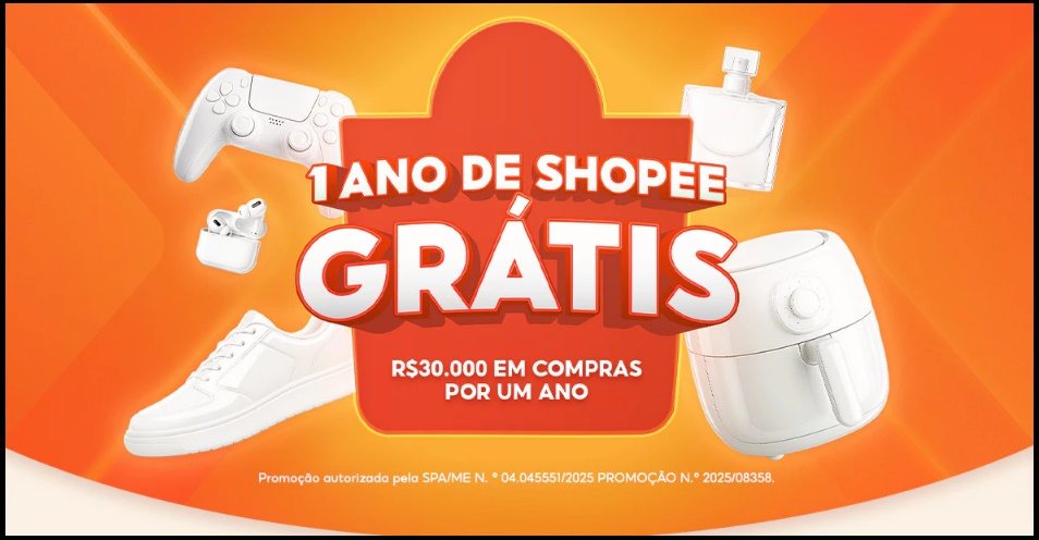 A imagem apresenta o anúncio oficial da Promoção Shopee Black Friday 2025, destacando o grande prêmio de R$30.000,00 em créditos no ShopeePay para utilizar durante 1 ano. A arte destaca elementos visuais da Black Friday, como cores vibrantes e chamadas de destaque, reforçando que a participação é 100% gratuita, bastando trocar Moedas Shopee por Números da Sorte ou realizar compras acima de R$100,00 para ganhar ainda mais chances. O layout traz informações claras sobre o período da promoção, válido até 30/11/2025, incentivando o usuário a participar antes do prazo final.