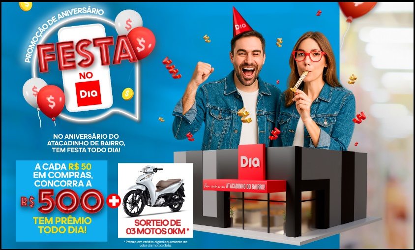 O DIA Supermercados celebra seu aniversário com a promoção Festa no Dia. Comprando a partir de R$50, você ganha bexigas virtuais para concorrer a prêmios diários de R$500 e números da sorte para o sorteio final de 03 motos Honda Biz 0km. A promoção é válida em todo o estado de São Paulo entre 02/10/2025 e 31/10/2025. Cadastre-se no Clube DIA e participe agora!