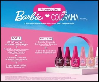 Promoção Barbie Colorama 2025 com prêmios incríveis: R$30 mil, Barbie Casa dos Sonhos e 1 ano de esmaltes. Participe criando vídeos criativos com as novas cores.
