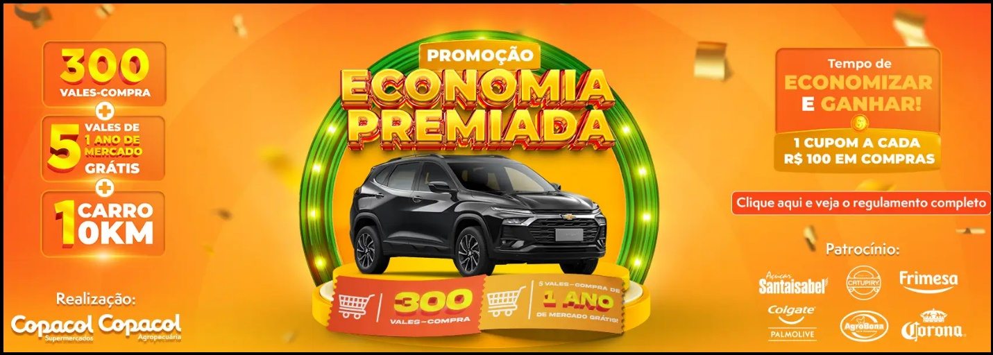 Arte promocional da campanha Economia Premiada Copacol 2025, destacando os prêmios oferecidos: 1 Chevrolet Tracker 0km, 5 vales-compra de R$12 mil equivalentes a um ano de supermercado grátis, além de dezenas de vales de R$1.000 e R$500. A imagem transmite o conceito de economia e oportunidade, reforçando a data de participação até 05/12/2025 e o sorteio final em 06/12/2025.