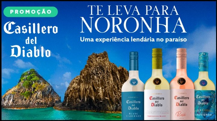 A imagem promocional destaca a campanha “Casillero del Diablo te leva para Noronha”, com visual sofisticado e elementos que remetem à elegância dos vinhos chilenos da marca. No centro, taças de vinho brindam diante de um cenário paradisíaco de Fernando de Noronha, simbolizando o prêmio principal da promoção. O material convida os consumidores a comprarem vinhos Casillero del Diablo, cadastrarem as notas fiscais no site oficial e concorrerem a viagens exclusivas e kits premium até 31 de dezembro de 2025.