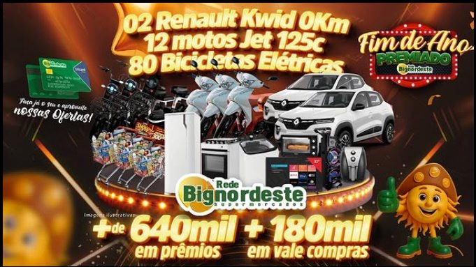 A imagem apresenta a identidade visual da Promoção Fim de Ano Premiado Bignordeste 2025/2026, destacando os principais prêmios da campanha, como 02 carros Renault Kwid 0km, 12 motos JET 125 SS Shineray 0km, 80 bicicletas elétricas e vales-compra. O layout contém cores chamativas e elementos que remetem ao clima festivo de fim de ano, convidando os consumidores da Paraíba a participarem realizando compras a partir de R$100 nas lojas da Rede Bignordeste Supermercados. A imagem reforça a data de vigência, os prêmios e o incentivo à participação do público.