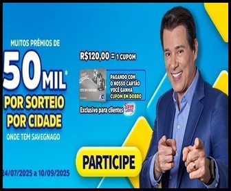 Banner da Promoção Fim de Ano Savegnago 2025 exibindo barras de ouro e o slogan “Transforme Sua Vida com o Savegnago”.