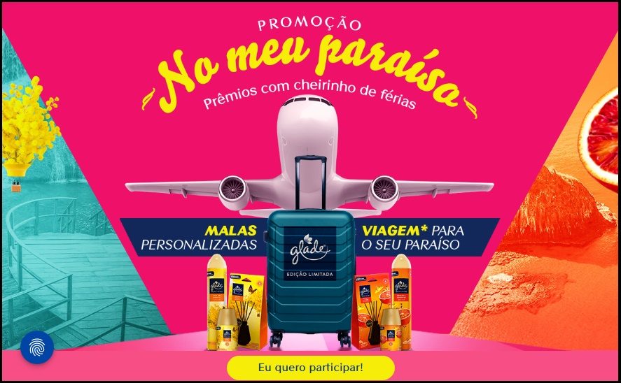 Imagem da Promoção Glade 2025 No Meu Paraíso mostrando produtos da linha Glade Edição Limitada, com destaque para prêmios: viagem dos sonhos no valor de R$ 26.000 e malas personalizadas. Cadastre seu cupom fiscal e descubra na hora se ganhou um prêmio instantâneo. Promoção válida de 01/10/2025 a 09/01/2026.