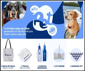 Foto de um cachorro feliz a bordo de um barco, mostrando um momento de lazer com referência à marca Mercury Marine, destacando a promoção Meu Pet Mercury 2025.