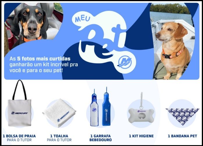 Nesta imagem, um pet aproveita um passeio de barco com o tutor, em um momento divertido e cheio de estilo. A promoção Meu Pet Mercury 2025 premia as fotos mais criativas postadas no Instagram com kits exclusivos Mercury, incluindo itens para o tutor e para o pet. Participe entre 04/10/2025 e 10/10/2025 e concorra a prêmios incríveis!