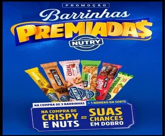 Promoção Barrinhas Premiadas Nutry 2025 com chance de ganhar R$500 por dia e R$150 mil no prêmio final. Barrinhas de cereal Nutry participantes da campanha.