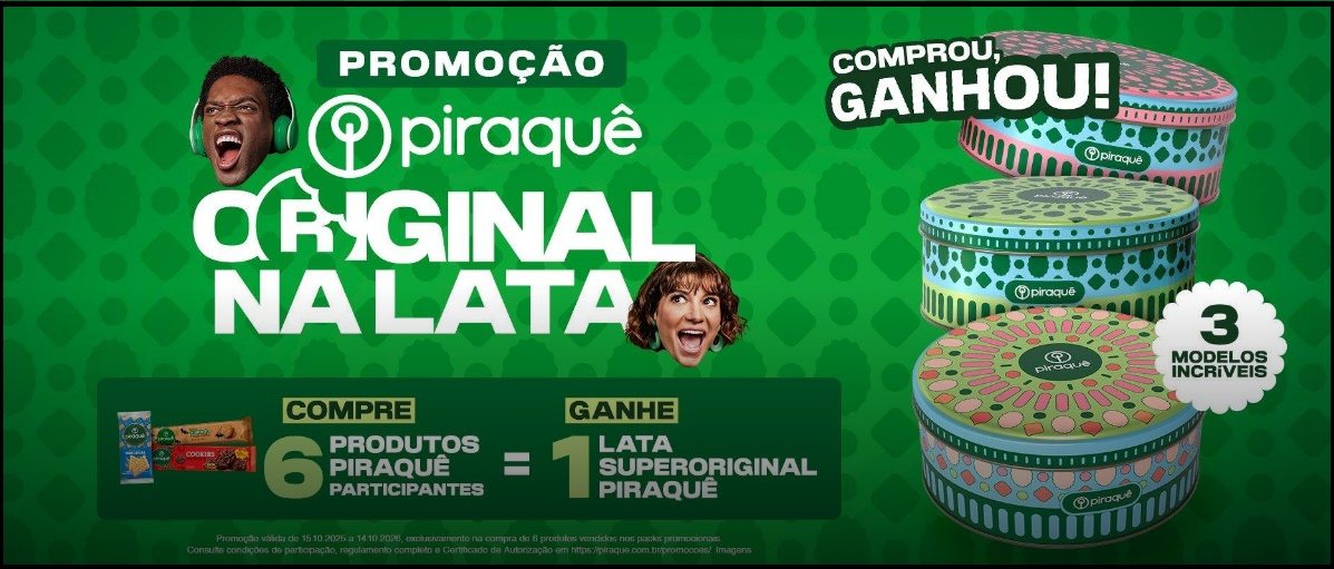 Imagem promocional da campanha Piraquê Original na Lata 2025, exibindo três modelos diferentes de latas colecionáveis que acompanham os packs promocionais da marca. A ação é válida em todo o Brasil até 14/10/2026 ou enquanto durarem os estoques.