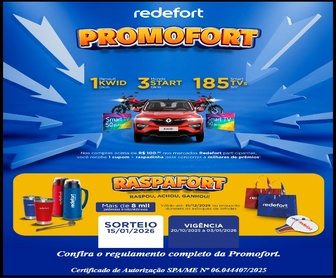 Imagem promocional da Redefort com destaque para a campanha Promofort e Raspafort, mostrando carro Renault Kwid 0km, motos Honda CG 160 e raspadinhas com prêmios instantâneos para clientes do Rio Grande do Sul.