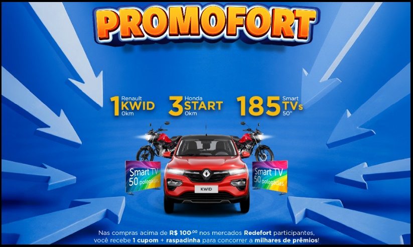 Promoção Redefort RS: A cada R$100,00 em compras, ganhe cupom para o sorteio do Renault Kwid 0km, motos Honda CG 160 e raspadinha para prêmios instantâneos. Campanha válida até 03/01/2026 para consumidores do Rio Grande do Sul.