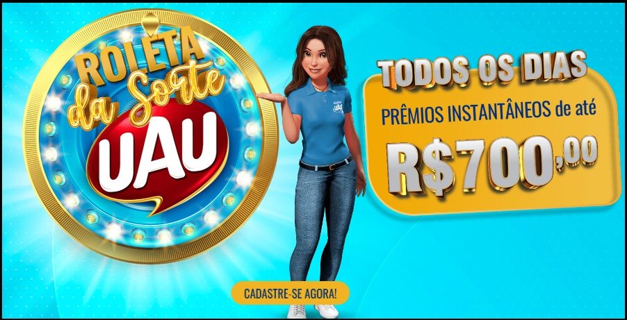 Imagem colorida da campanha Roleta da Sorte UAU 2025 mostrando uma roleta com prêmios, produtos de limpeza das marcas UAU e Ingleza, e destaque para a frase “Compre 3 produtos, cadastre-se e ganhe prêmios instantaneamente”.