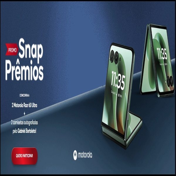 Participe da Promoção Snap Prêmios 2025 e concorra a um Motorola Razr 60 Ultra e uma camiseta autografada pelo Gabriel Bortoleto! Cadastre-se grátis até 09/12/2025 e aumente suas chances com ações nas redes sociais.