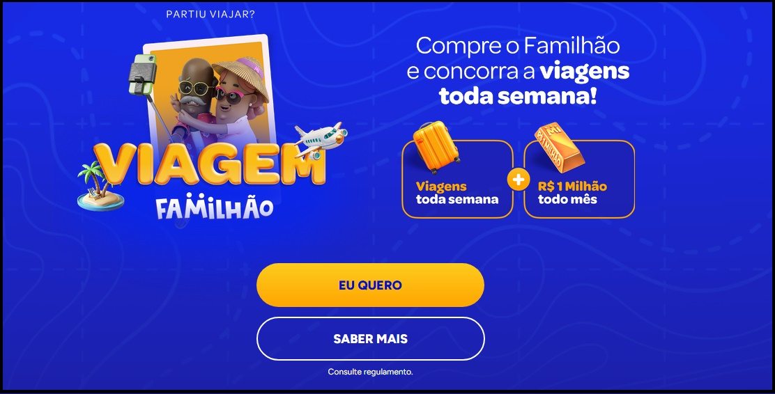 Imagem promocional da Promoção Viagem Familhão 2025/2026 destacando os prêmios disponíveis: viagens para Orlando nos Estados Unidos, cruzeiros pelo litoral brasileiro e hospedagens completas em resorts nacionais. O layout também evidencia que a participação é garantida com a assinatura do clube de benefícios Familhão e reforça o período válido da campanha, de 26 de outubro de 2025 até 8 de fevereiro de 2026. Chamadas visuais convidam o consumidor a assinar e concorrer a experiências inesquecíveis com a família.