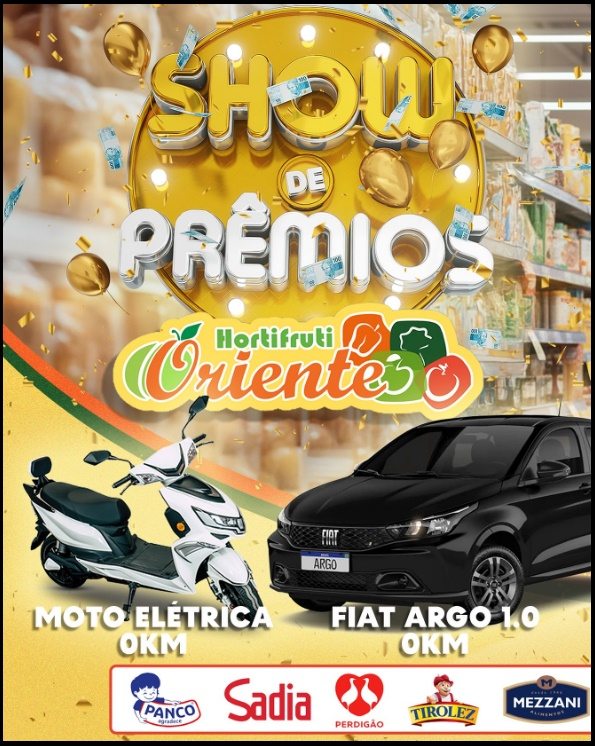 Banner promocional do Hortifruti Oriente destacando os prêmios da promoção Acelera Seus Prêmios 2025, com Fiat Argo e Moto Elétrica 0km, válida em São José dos Campos e Jacareí até 30/12/2025.