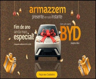 Promoção Armazzem Fim de Ano 2025 com destaque para o prêmio BYD Dolphin Mini 0km, campanha válida de 12/12/2025 a 11/01/2026, exclusiva para clientes Armazzem e Mateus Supermercados.