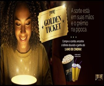 Balde de pipoca da Promoção Cineart Golden Ticket 2025 com bilhete dourado premiado, oferecendo a chance de ganhar até 1 ano de cinema grátis em Minas Gerais.