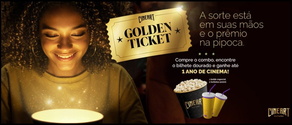 Balde de pipoca da Promoção Cineart Golden Ticket 2025 com bilhete dourado premiado, oferecendo a chance de ganhar até 1 ano de cinema grátis.