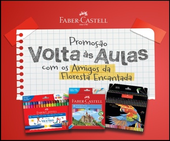 Promoção Volta às Aulas Faber-Castell 2026 com chaveiros de pelúcia dos Amigos da Floresta Encantada, mostrando personagens coloridos e materiais escolares da marca