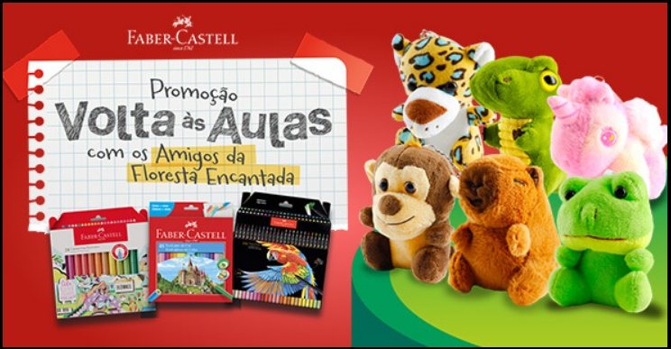 Promoção Volta às Aulas Faber-Castell 2026 com chaveiros de pelúcia dos Amigos da Floresta Encantada, mostrando personagens coloridos e materiais escolares da marca