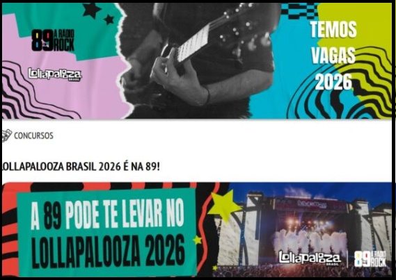 Promoção da 89 FM A Rádio Rock convida ouvintes a participarem de concurso cultural gratuito para ganhar ingressos do Lollapalooza Brasil 2026