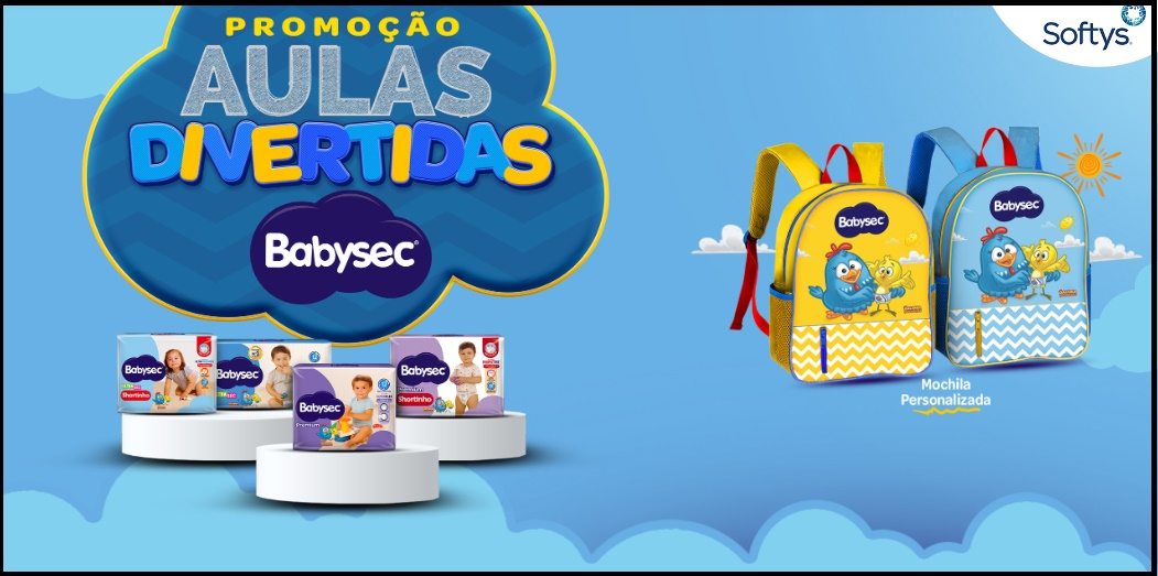 Imagem da Promoção Aulas Divertidas Babysec 2026, destacando mochilas exclusivas da Galinha Pintadinha, fraldas Babysec participantes e chamada para participar da promoção e ganhar prêmios instantâneos na volta às aulas.
