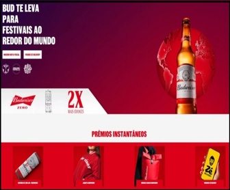Imagem da Promoção Bud Tour 2026 da Budweiser, destacando viagens internacionais para grandes festivais de música como Tomorrowland, Reading Festival e Lollapalooza, além de prêmios instantâneos como caixa de som JBL, jaquetas exclusivas, mochilas térmicas e vouchers Zé Delivery, com participação válida até 23 de julho de 2026.