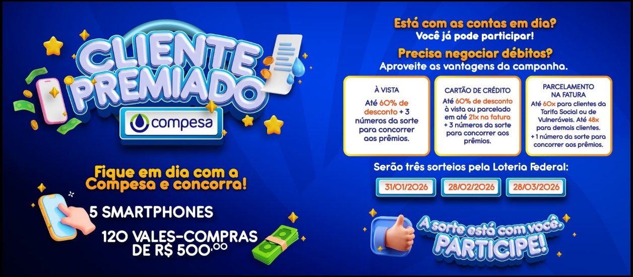Promoção Cliente Premiado Compesa 2025/2026 com smartphones Motorola Moto G56 5G e cartões pré-pagos de R$500 para clientes que mantêm as contas de água em dia em Pernambuco.
